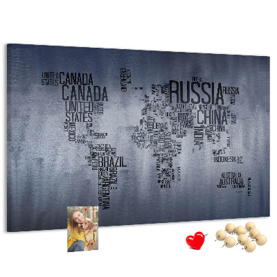 Pizarra de corcho mapamundi con los nombres de los países