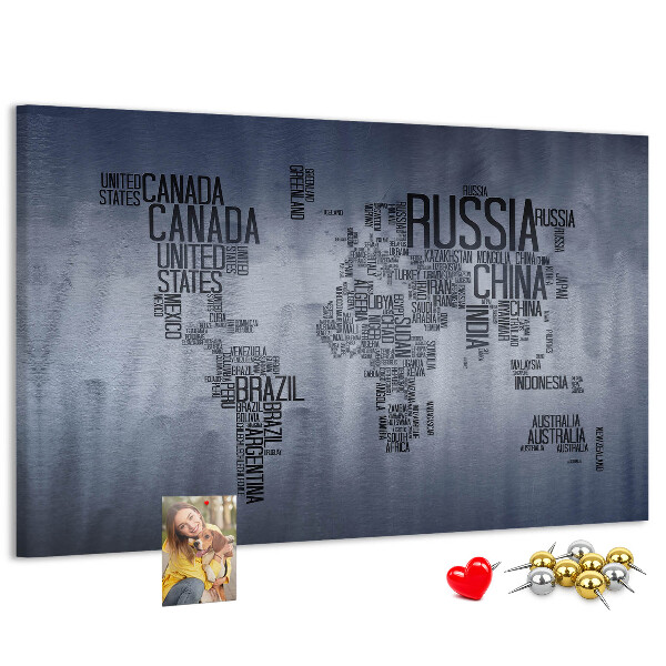 Pizarra de corcho mapamundi con los nombres de los países