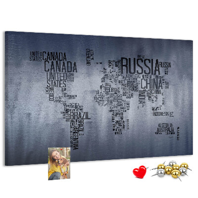 Pizarra de corcho mapamundi con los nombres de los países