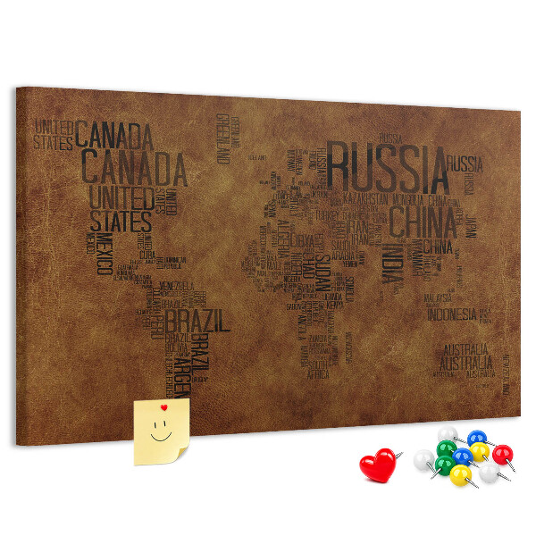 Tablero de corcho decorativo diseño de mapa del mundo con nombres de países