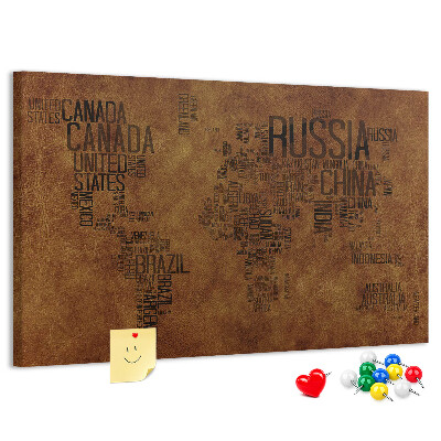 Tablero de corcho decorado Mapa del mundo con los nombres de los países.