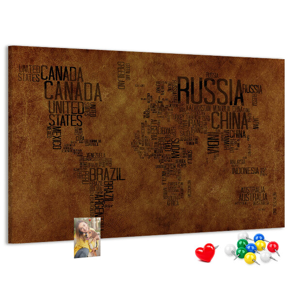 Tablero de corcho decorativo diseño de mapa del mundo con nombres de países