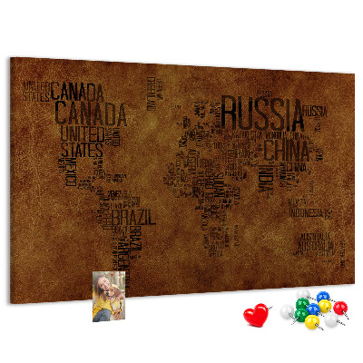 Tablero de corcho decorativo diseño de mapa del mundo con nombres de países