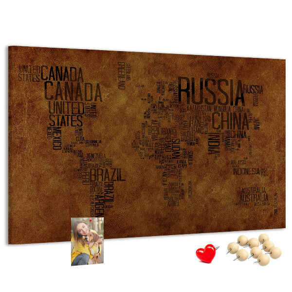 Tablero de corcho decorativo diseño de mapa del mundo con nombres de países