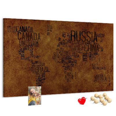 Tablero de corcho decorativo diseño de mapa del mundo con nombres de países