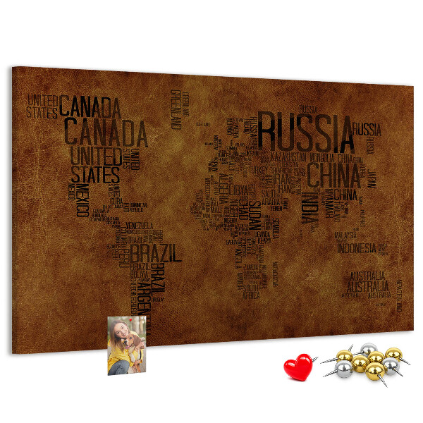 Tablero de corcho decorativo diseño de mapa del mundo con nombres de países