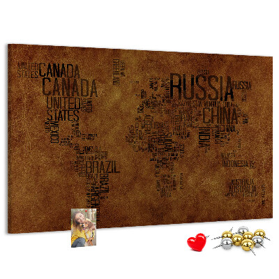 Tablero de corcho decorativo diseño de mapa del mundo con nombres de países