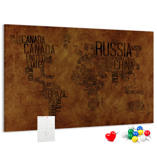 Tablero de corcho decorativo diseño de mapa del mundo con nombres de países