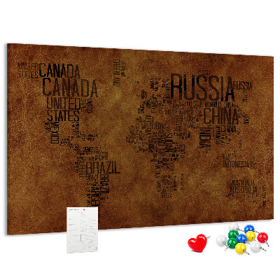 Tablero de corcho decorativo diseño de mapa del mundo con nombres de países