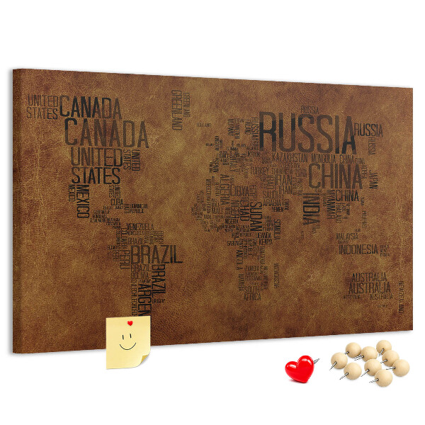 Tablero de corcho decorativo diseño de mapa del mundo con nombres de países