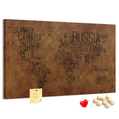 Tablero de corcho decorativo diseño de mapa del mundo con nombres de países