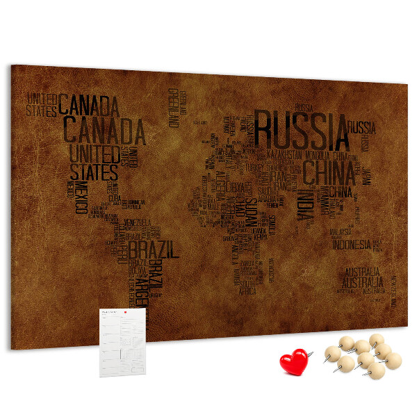 Tablero de corcho decorativo diseño de mapa del mundo con nombres de países