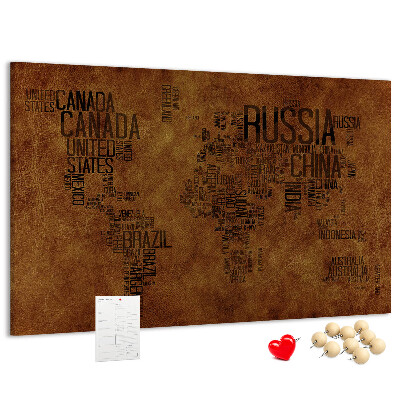 Tablero de corcho decorativo diseño de mapa del mundo con nombres de países