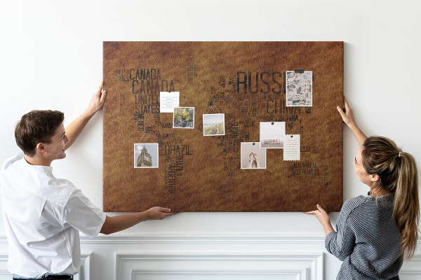 Tablero de corcho decorativo diseño de mapa del mundo con nombres de países