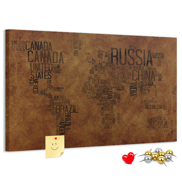 Tablero de corcho decorativo diseño de mapa del mundo con nombres de países
