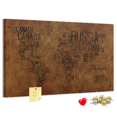 Tablero de corcho decorativo diseño de mapa del mundo con nombres de países