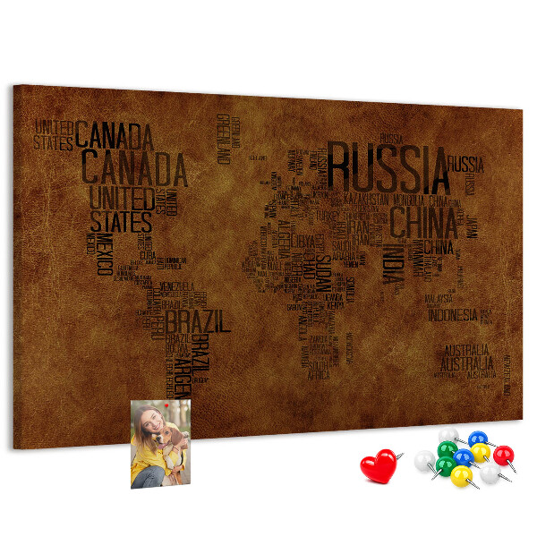 Tablero de corcho decorativo diseño de mapa del mundo con nombres de países