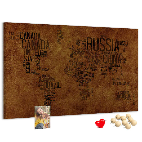 Tablero de corcho decorativo diseño de mapa del mundo con nombres de países