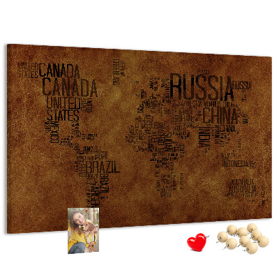 Tablero de corcho decorativo diseño de mapa del mundo con nombres de países