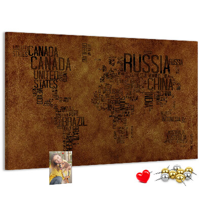 Tablero de corcho decorativo diseño de mapa del mundo con nombres de países