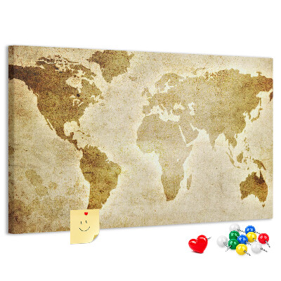 Tablero de corcho decorado Mapa del mundo antiguo en tono sepia.