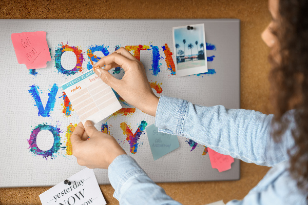 Tablero de anuncios con letras coloridas sobre fondo blanco