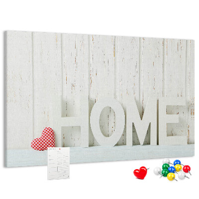 Tablero de anuncios con inscripción HOME elegante sobre fondo blanco