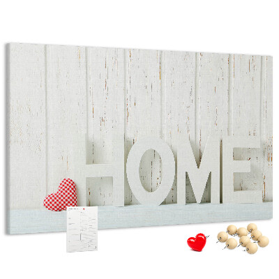 Tablero de anuncios con inscripción HOME elegante sobre fondo blanco