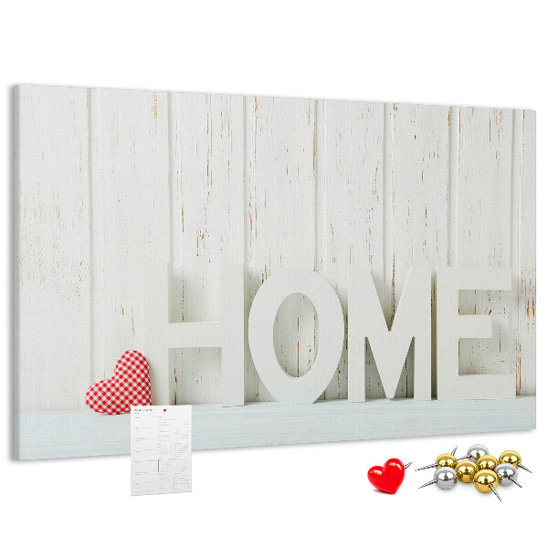 Tablero de anuncios con inscripción HOME elegante sobre fondo blanco