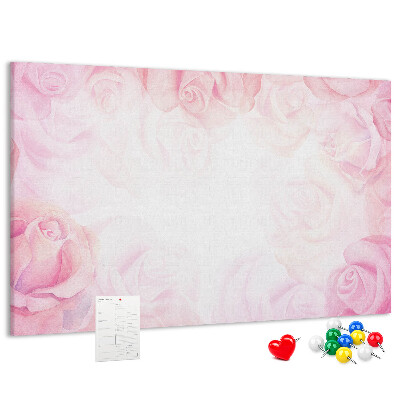 Tablero de anuncios con diseño de rosas rosadas delicadas al fondo