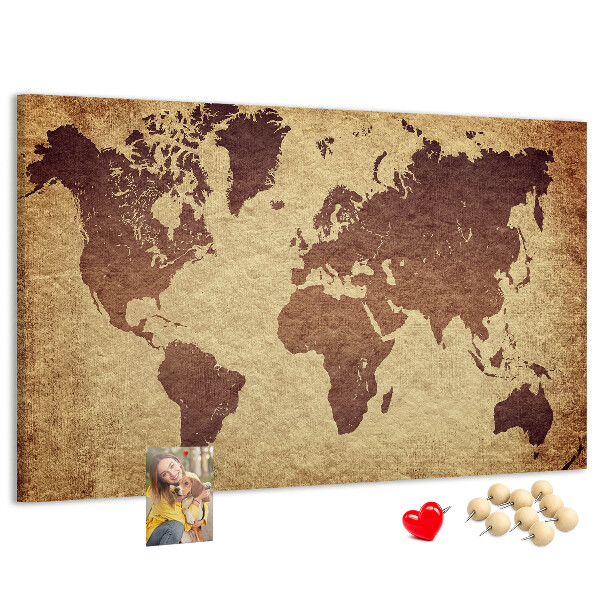 Pizarra de corcho Mapa del mundo antiguo en tonos marrones.