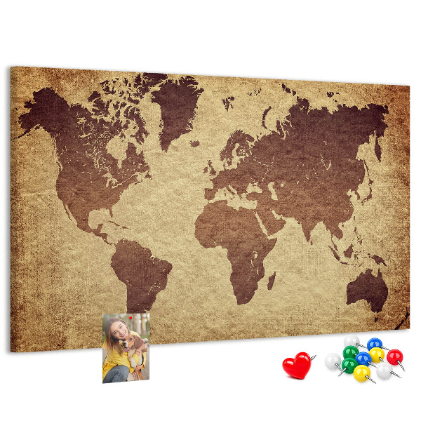 Pizarra de corcho Mapa del mundo antiguo en tonos marrones.