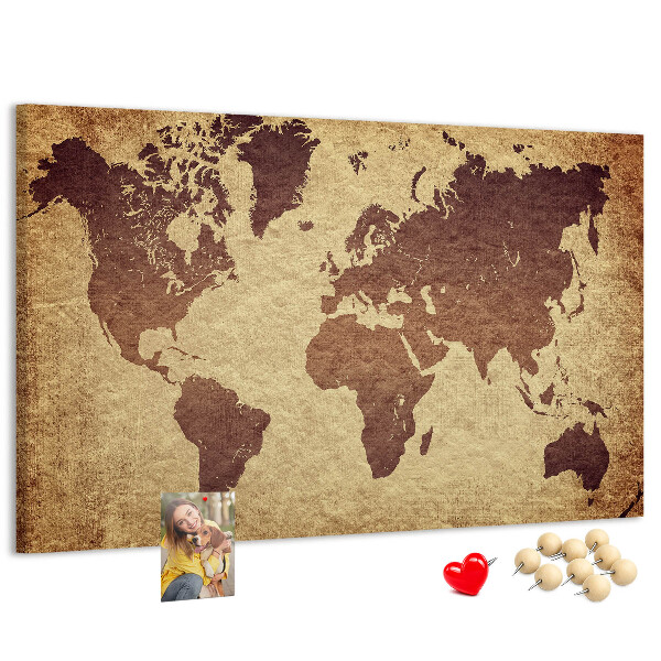 Pizarra de corcho Mapa del mundo antiguo en tonos marrones.