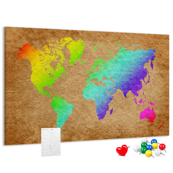 Tablero de corcho decorativo mapa del mundo colorido sobre fondo marrón