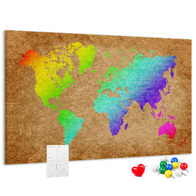 Tablero de corcho decorativo mapa del mundo colorido sobre fondo marrón