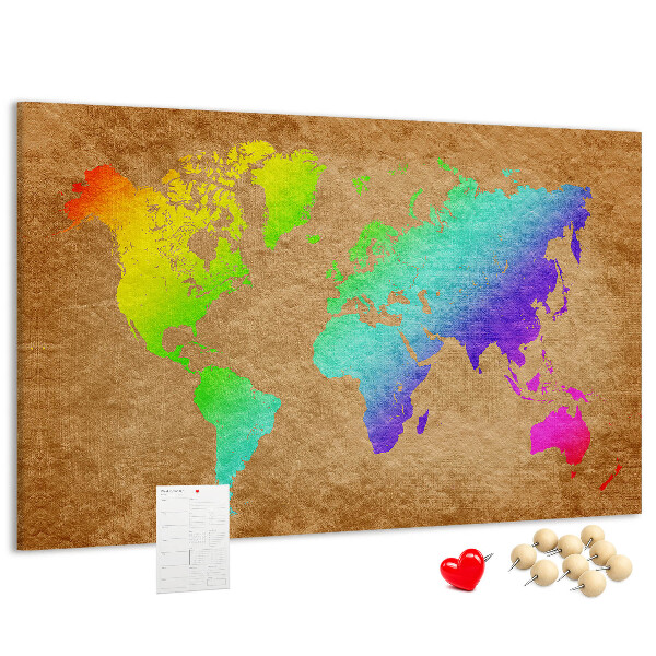 Tablero de corcho decorativo mapa del mundo colorido sobre fondo marrón