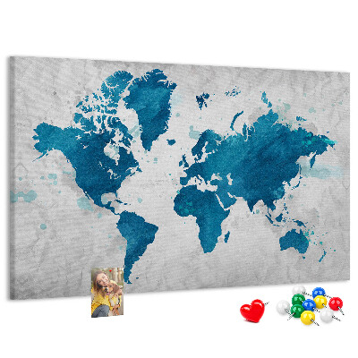 Tablero de anuncios Grabado de un mapamundi en tonos azules.