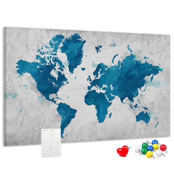 Tablero de anuncios Grabado de un mapamundi en tonos azules.