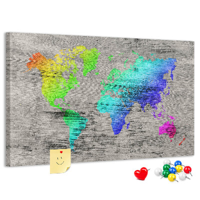 Pizarra de corcho Mapa del mundo colorido sobre un fondo gris