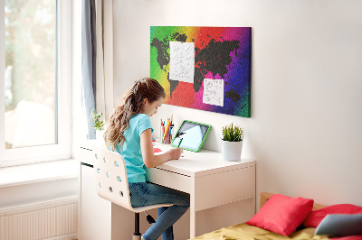 Tablero de corcho decorativo mapa del mundo con diseño arcoíris sobre fondo colorido