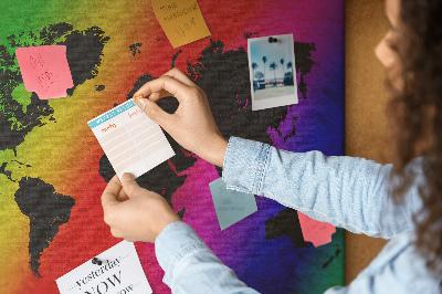 Tablero de corcho decorativo mapa del mundo con diseño arcoíris sobre fondo colorido