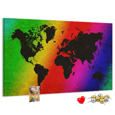 Tablero de corcho decorativo mapa del mundo con diseño arcoíris sobre fondo colorido