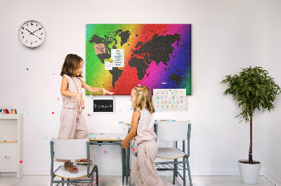 Tablero de corcho decorativo mapa del mundo con diseño arcoíris sobre fondo colorido
