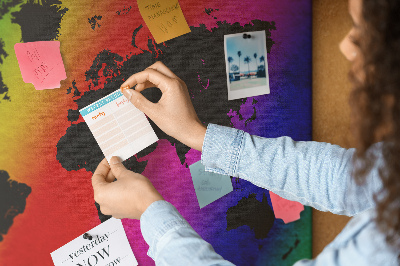 Tablero de corcho decorativo mapa del mundo con diseño arcoíris sobre fondo colorido