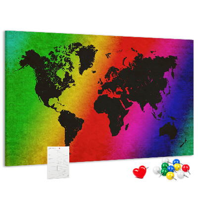 Tablero de corcho decorativo mapa del mundo con diseño arcoíris sobre fondo colorido