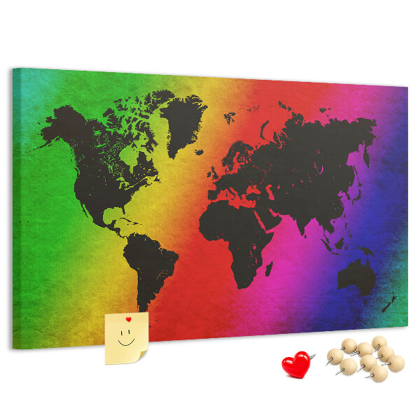 Tablero de corcho decorativo mapa del mundo con diseño arcoíris sobre fondo colorido