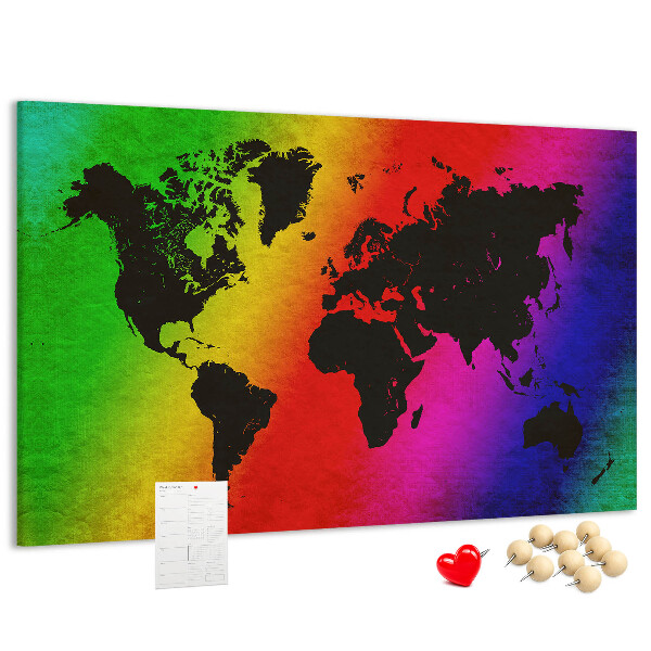 Tablero de corcho decorativo mapa del mundo con diseño arcoíris sobre fondo colorido
