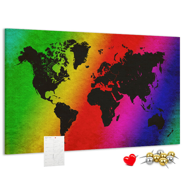 Tablero de corcho decorativo mapa del mundo con diseño arcoíris sobre fondo colorido