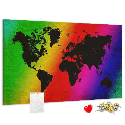 Tablero de corcho decorativo mapa del mundo con diseño arcoíris sobre fondo colorido