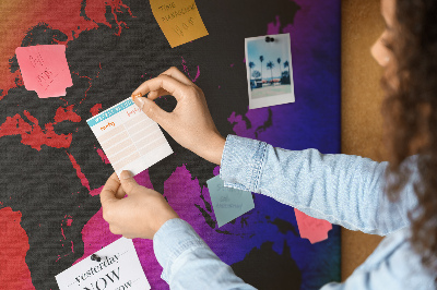 Tablero de corcho decorativo mapa del mundo con diseño arcoíris sobre fondo colorido